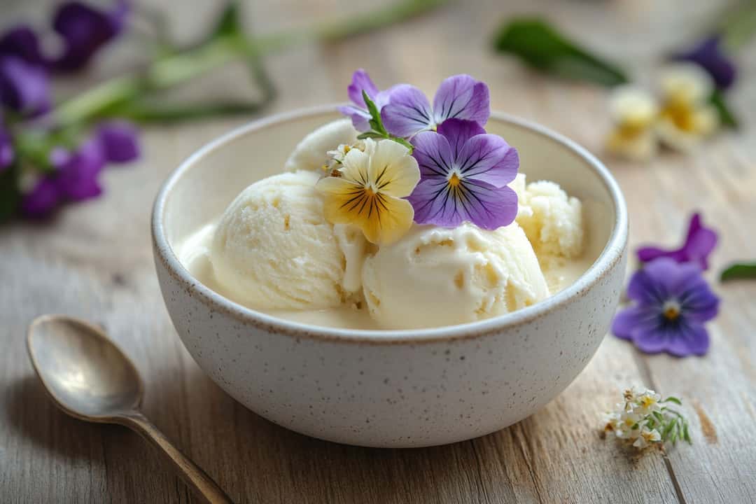 Cottage cheese ice cream with edible flowers