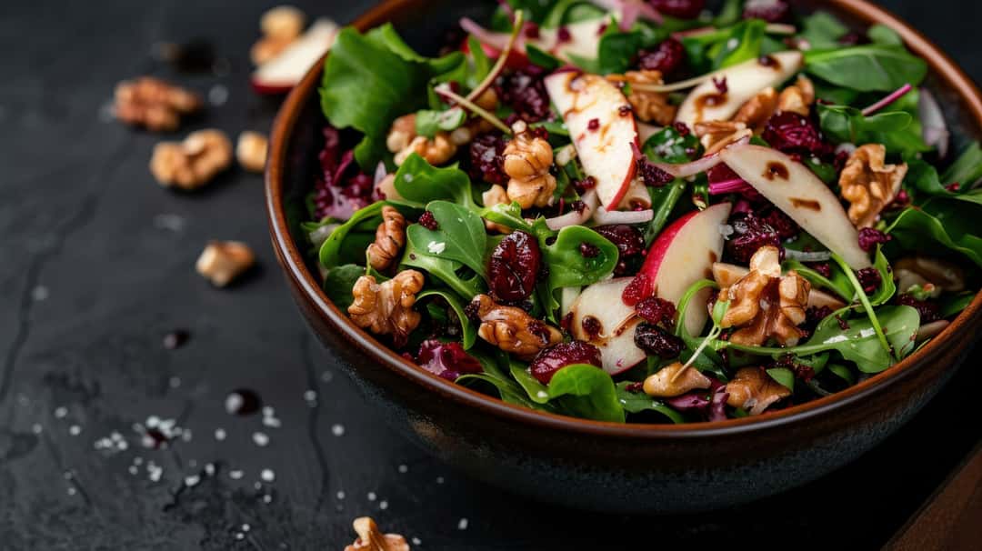 Fresh salad with apples, spinach, and walnuts