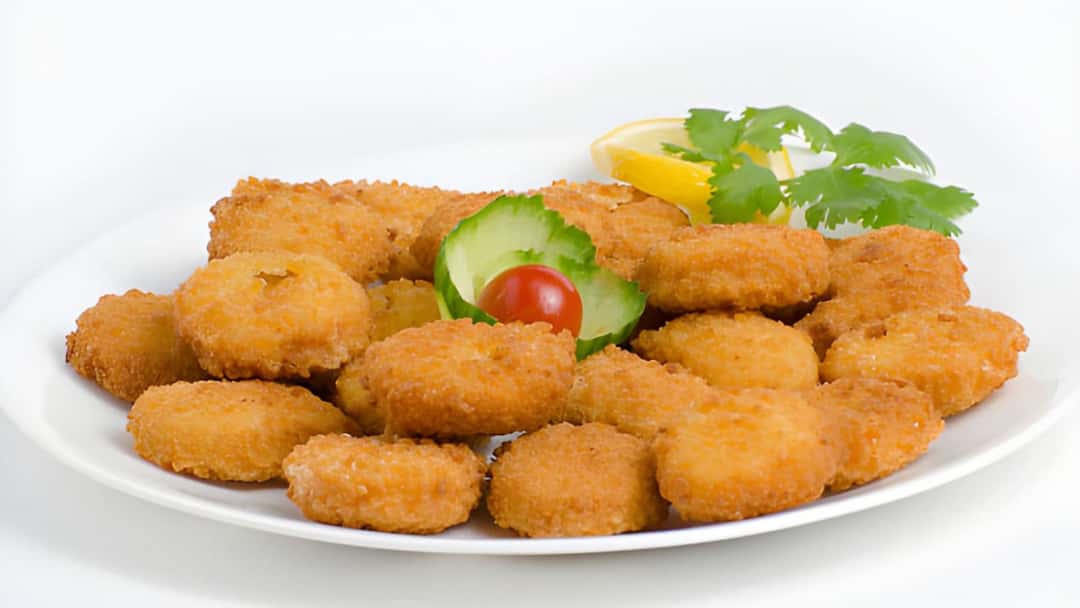 Air-fried jackfruit nuggets on a white plate