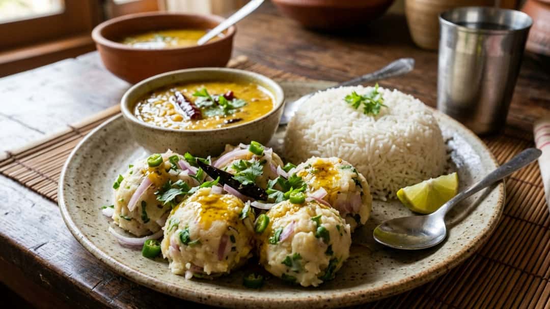Aloo Pitika served in a bowl, topped with coriander 