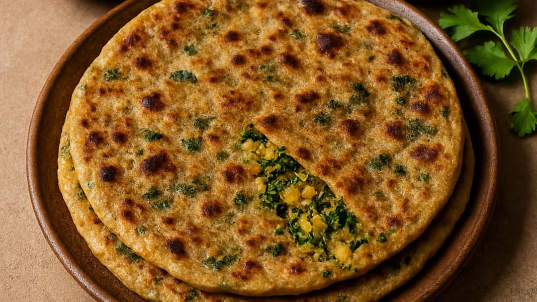Paratha wedges with aloo and radish leaf filling