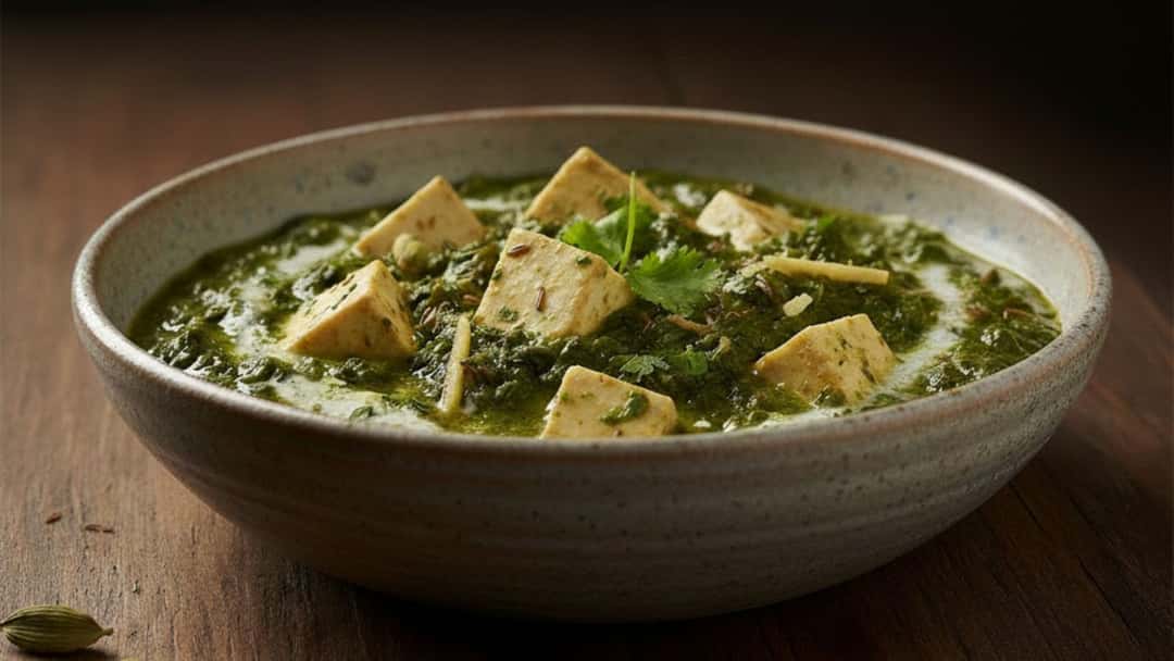 Creamy amaranth saag with paneer cubes in a bowl