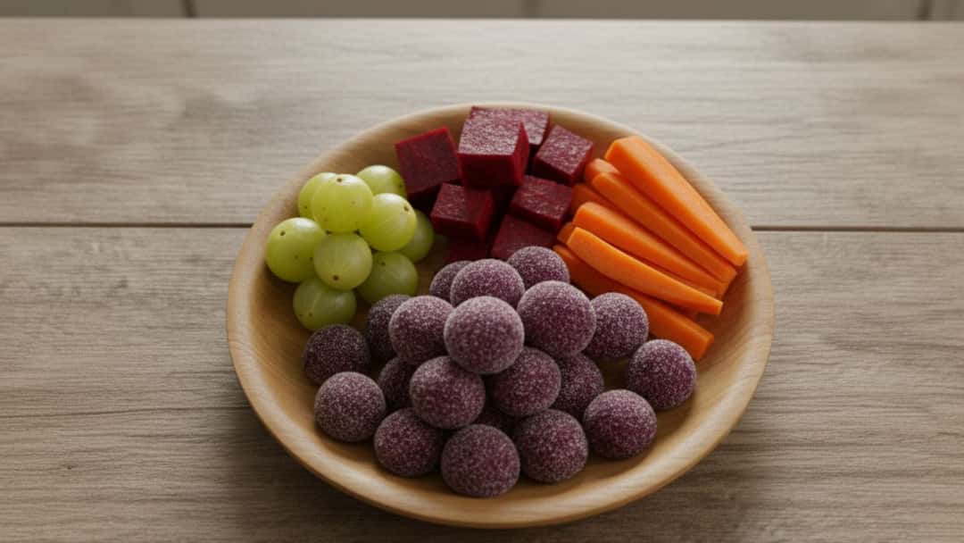 Round amla candy balls coated in sugar arranged on a plate