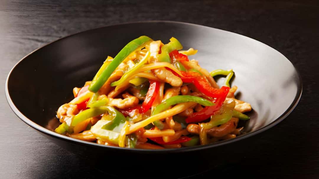 Top view of bamboo stir fry on a plate