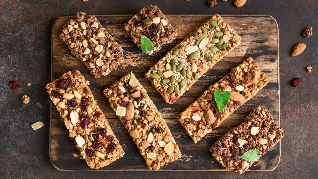 Breakfast bars on a wooden board