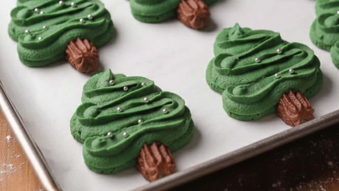 Top view of Christmas tree-shaped butter cookies on a baking tray.