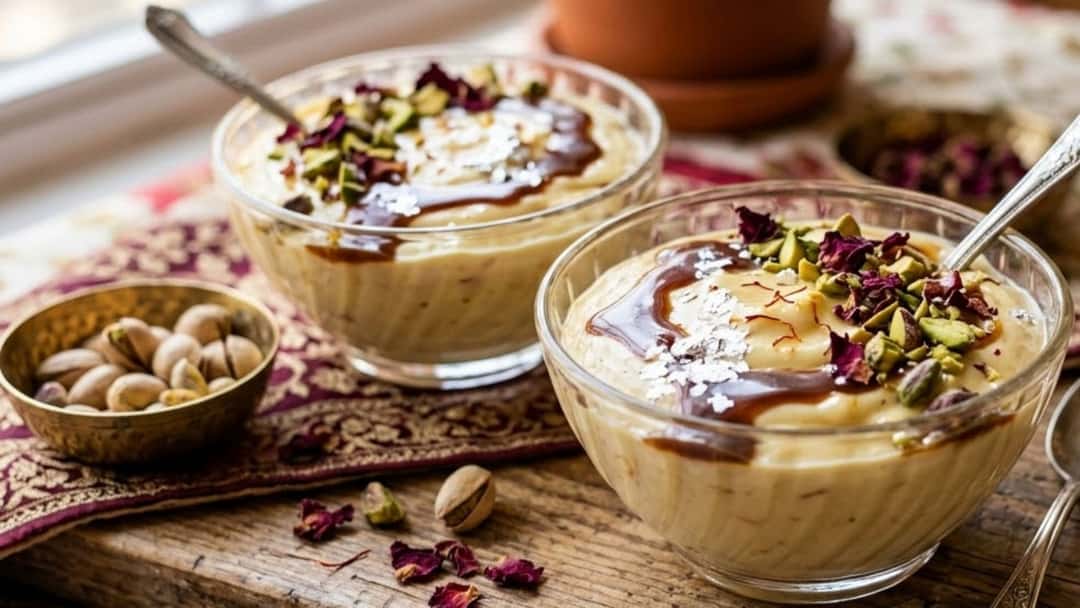 Glass bowls of Caramel Shrikhand with pistachio garnish