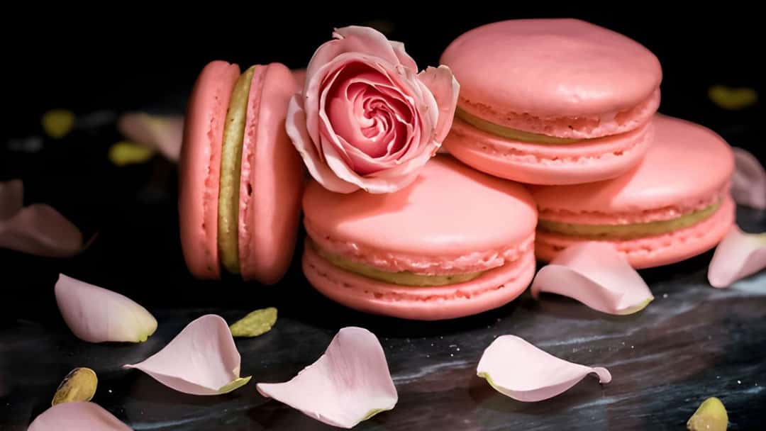 Cardamom rose macarons on a flat surface with roses
