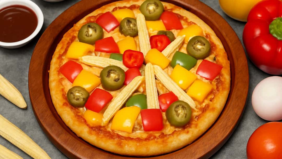 Besan chilla pizza on a wooden round board