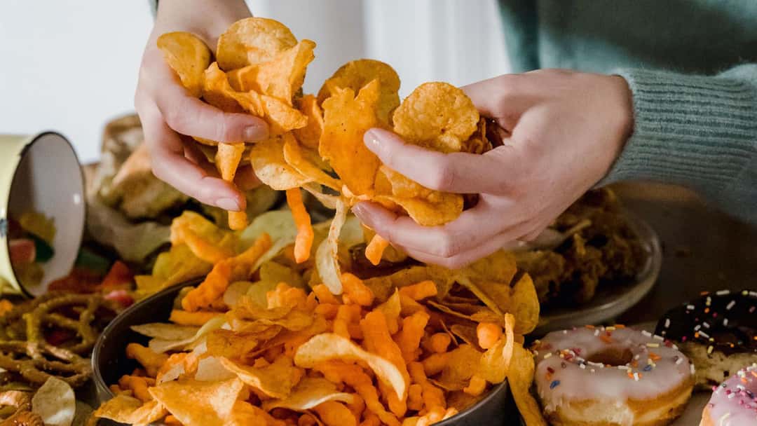 Chips, pretzels, sugary donuts.