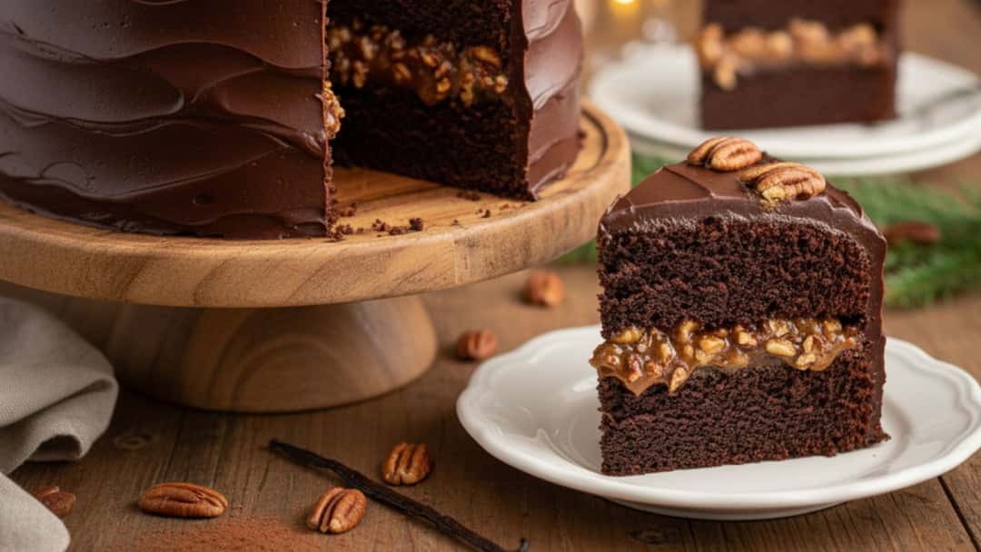 Moist chocolate pecan cake slice