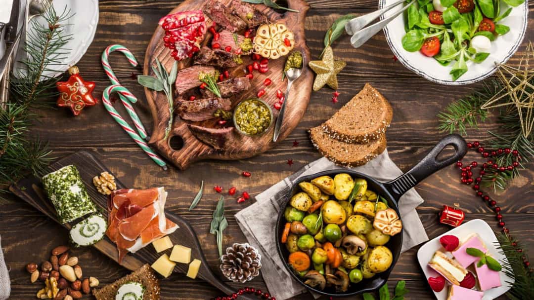 Christmas dinner feast spread.