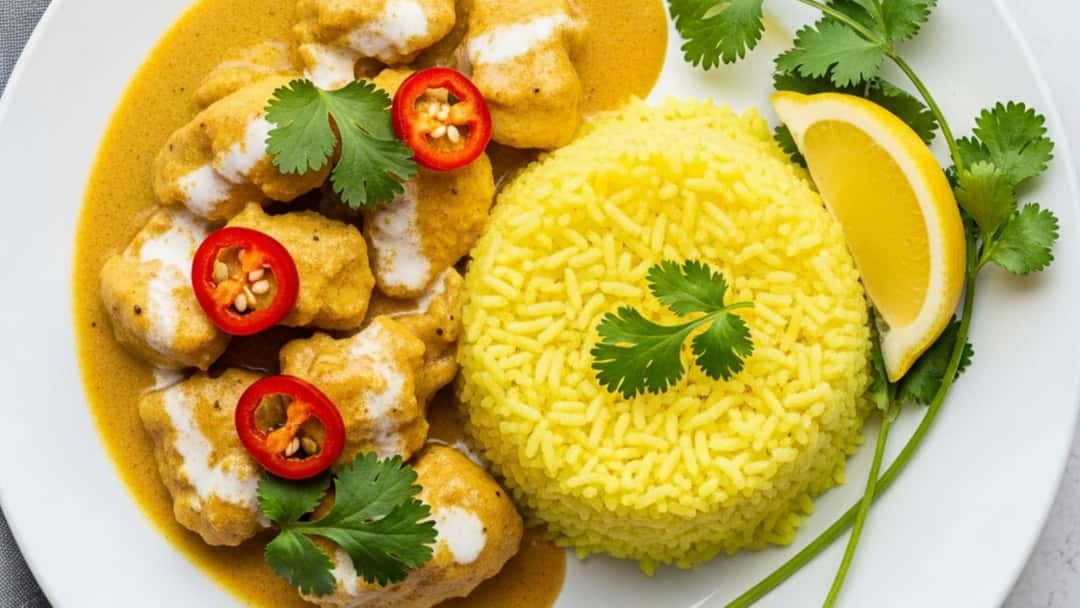 A Bowl of Coconut Chicken Curry and Lemon Rice