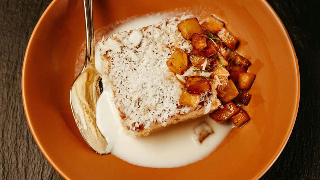 Coconut tres leches cake in a bowl