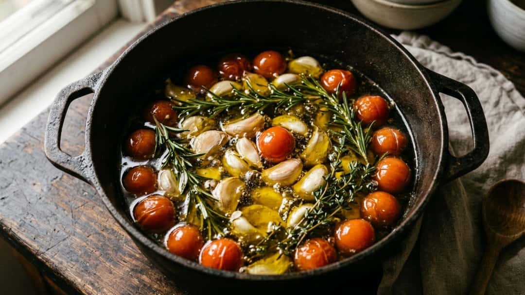 Garlic and tomatoes being confited in a rustic cast-iron pot
