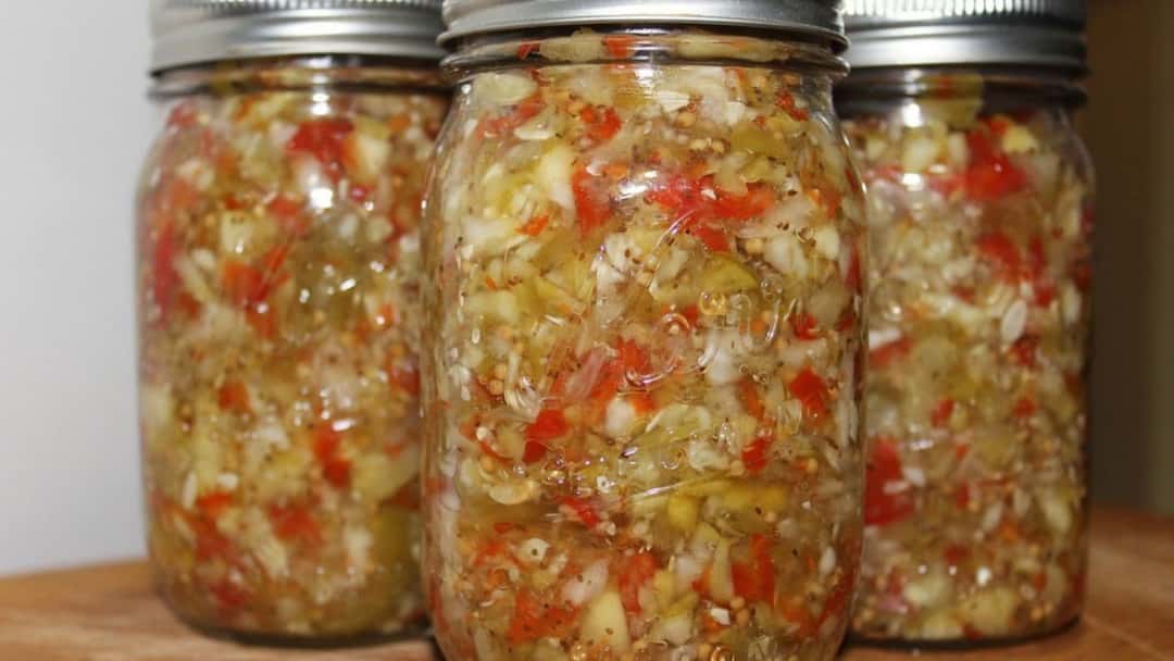 Cucumber relish in glass jars