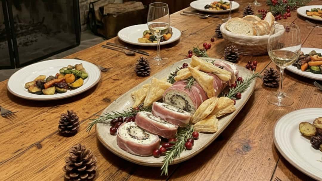 Side view of savoury yule log arranged on a plate