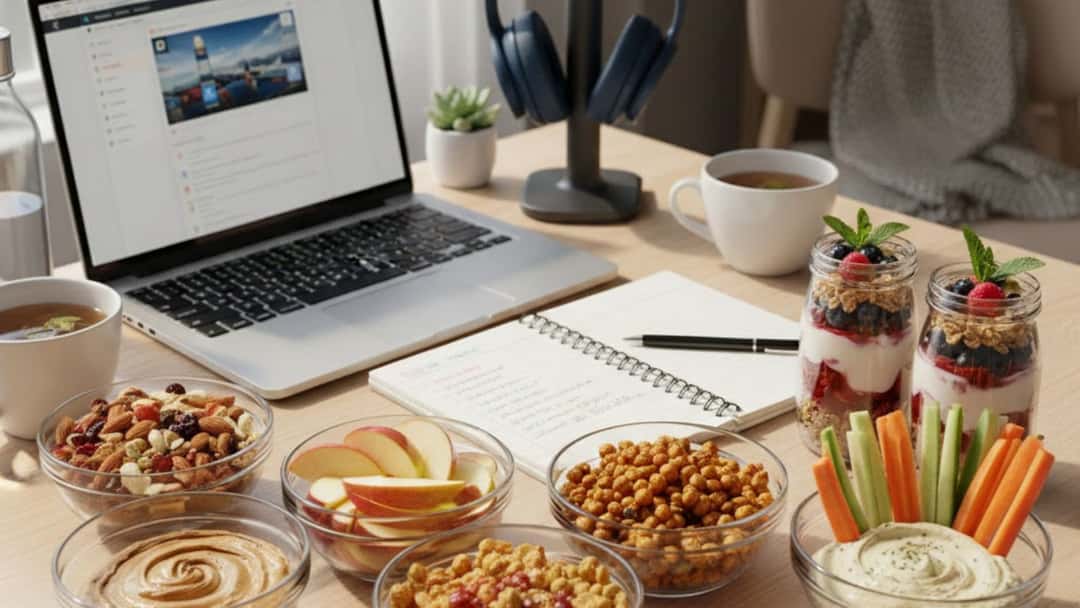 A study desk with colourful bowls of healthy snacks 