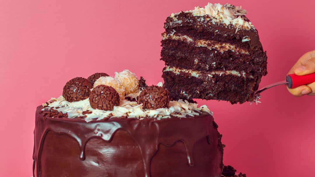 German chocolate cake closeup. (banner image)