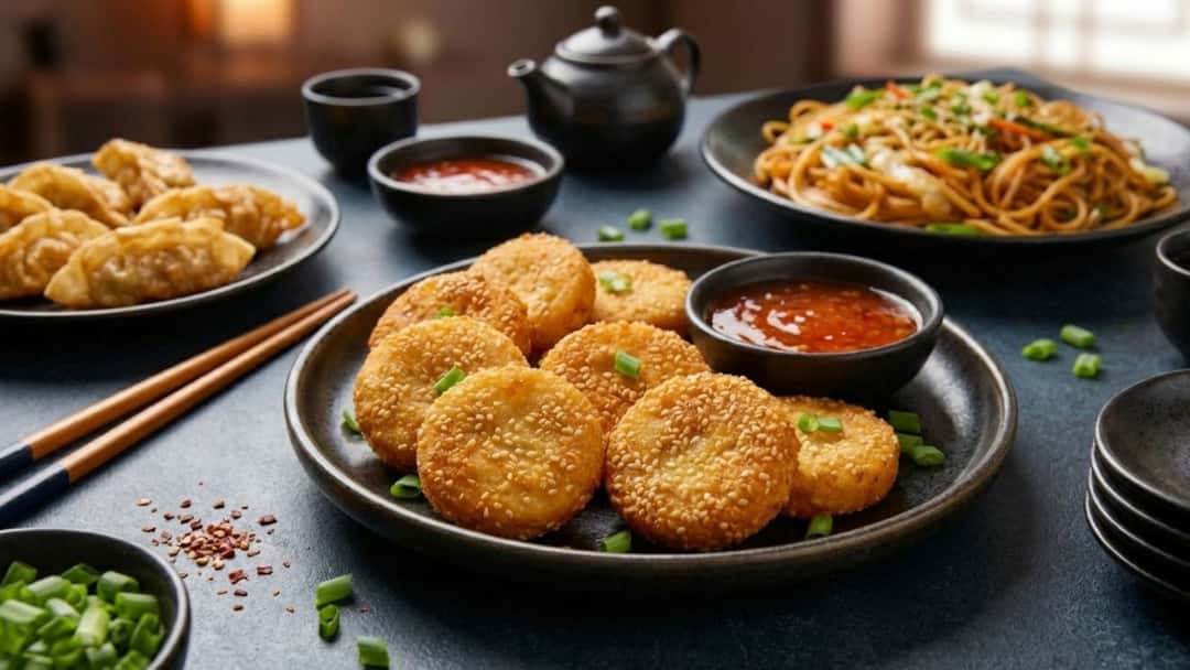Golden crispy chicken patties shaped like coins topped with sesame seeds on a plate