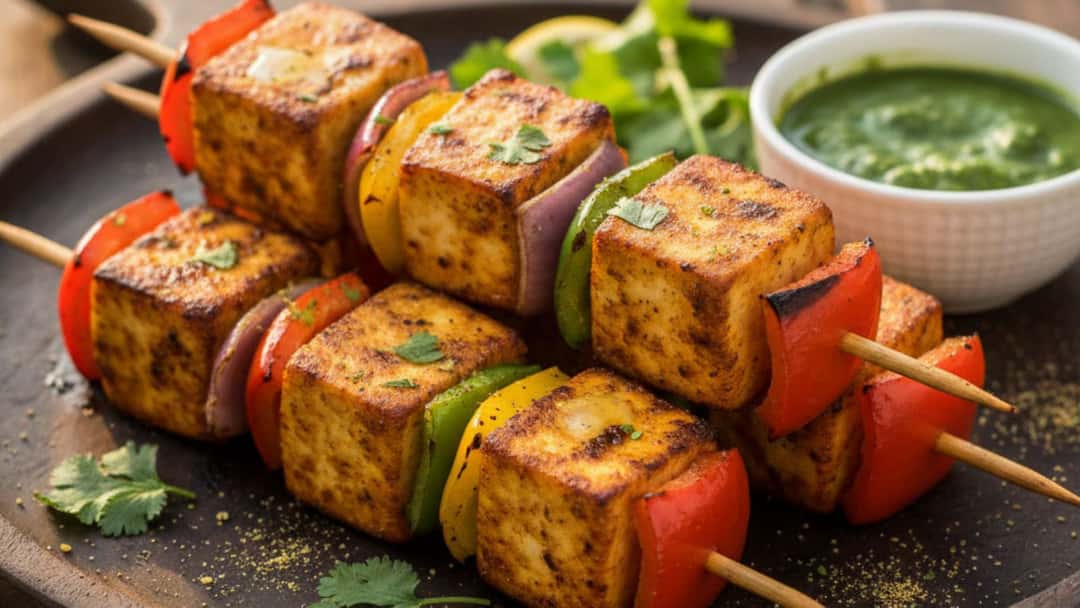 Grilled paneer skewers with bell peppers