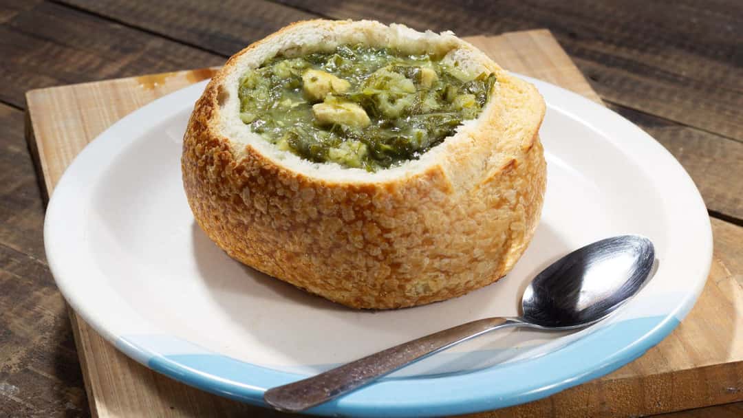 Hearty soup in a bread bowl.
