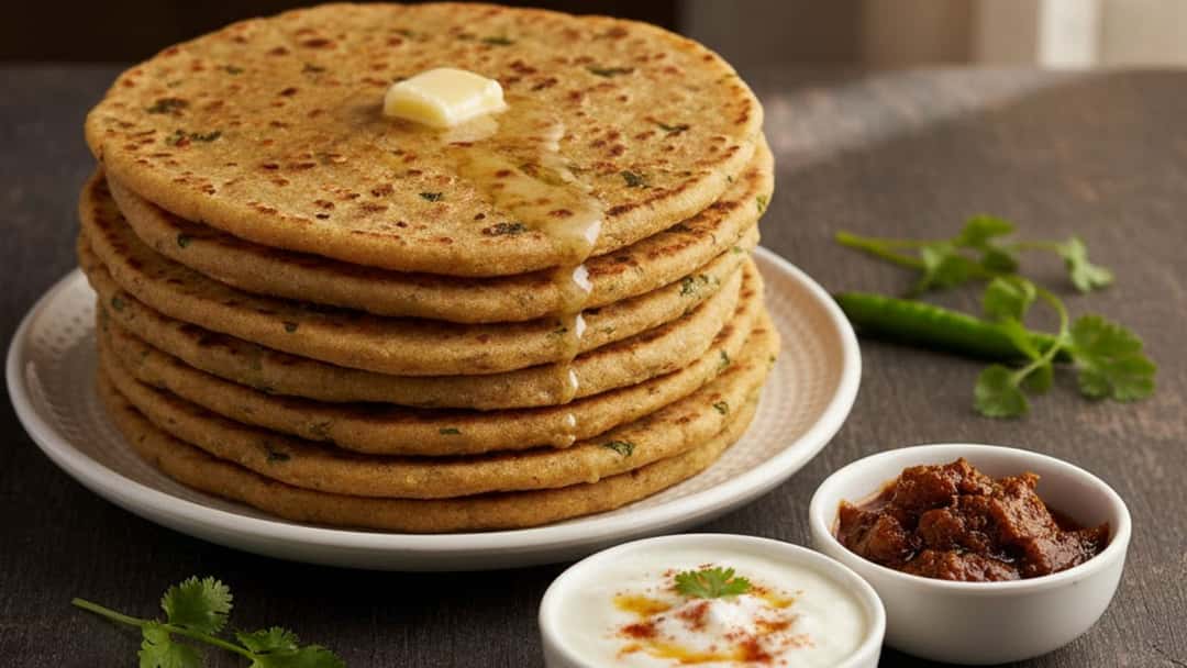 Stack of instant rava parathas made with whole wheat flour and semolina