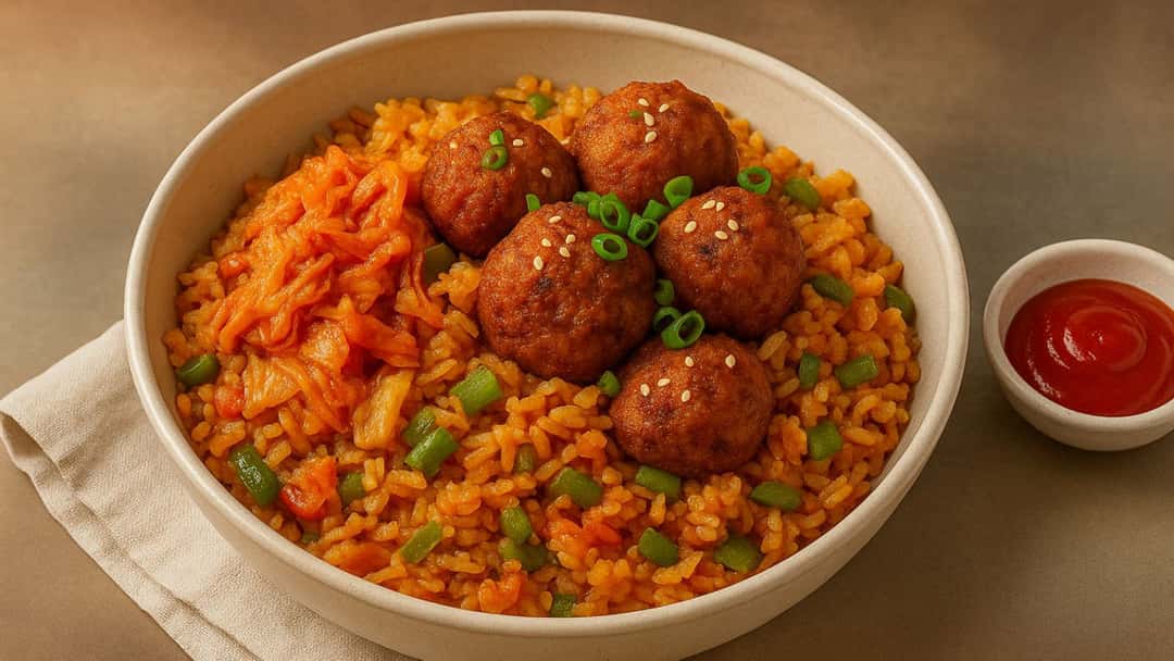 Kimchi and manchurian fried rice in a bowl
