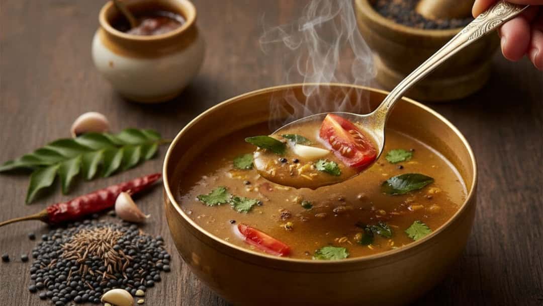 Bowl of South Indian kollu rasam with coriander garnish