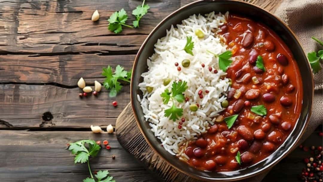 Rajma chawal in a bowl with cilantro