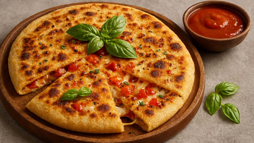 Margherita Pizza Paratha With Basil on Top