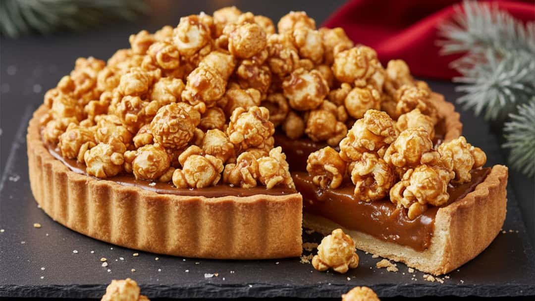 Miso caramel popcorn tart