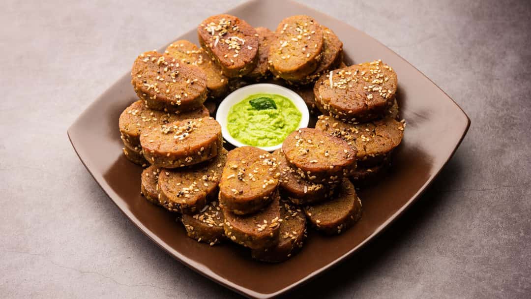 Seven types of Khapli Atta Muthiya snacks. 