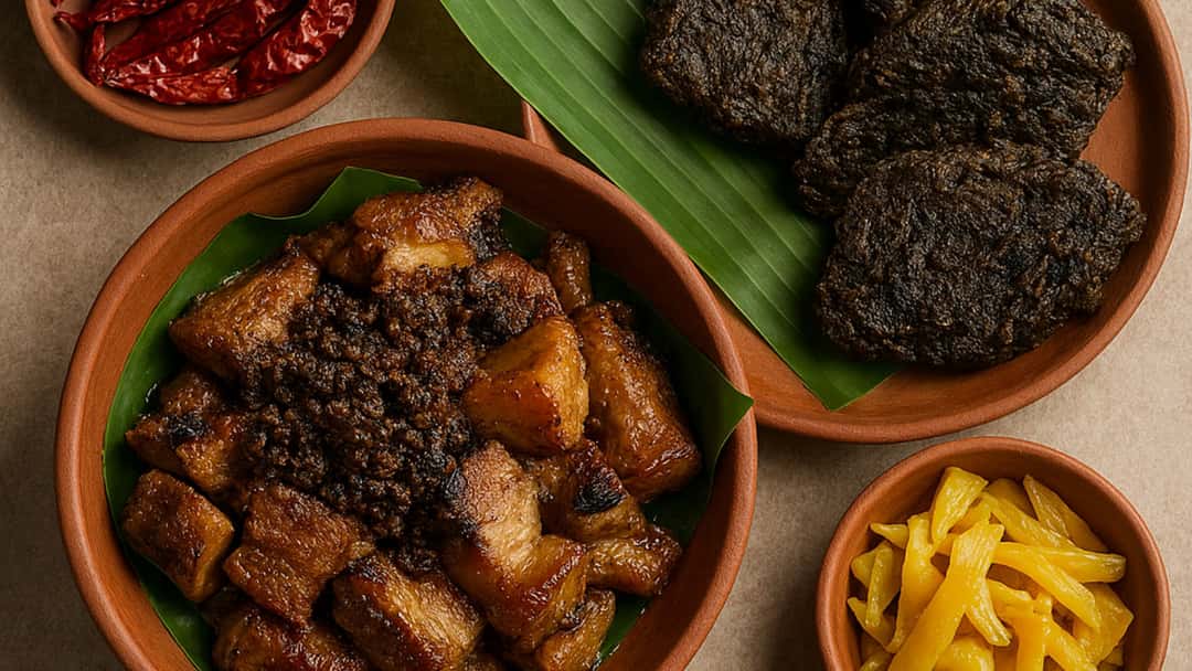 Traditional Nagaland dishes featuring Axone, Anishi cakes and smoked meats.