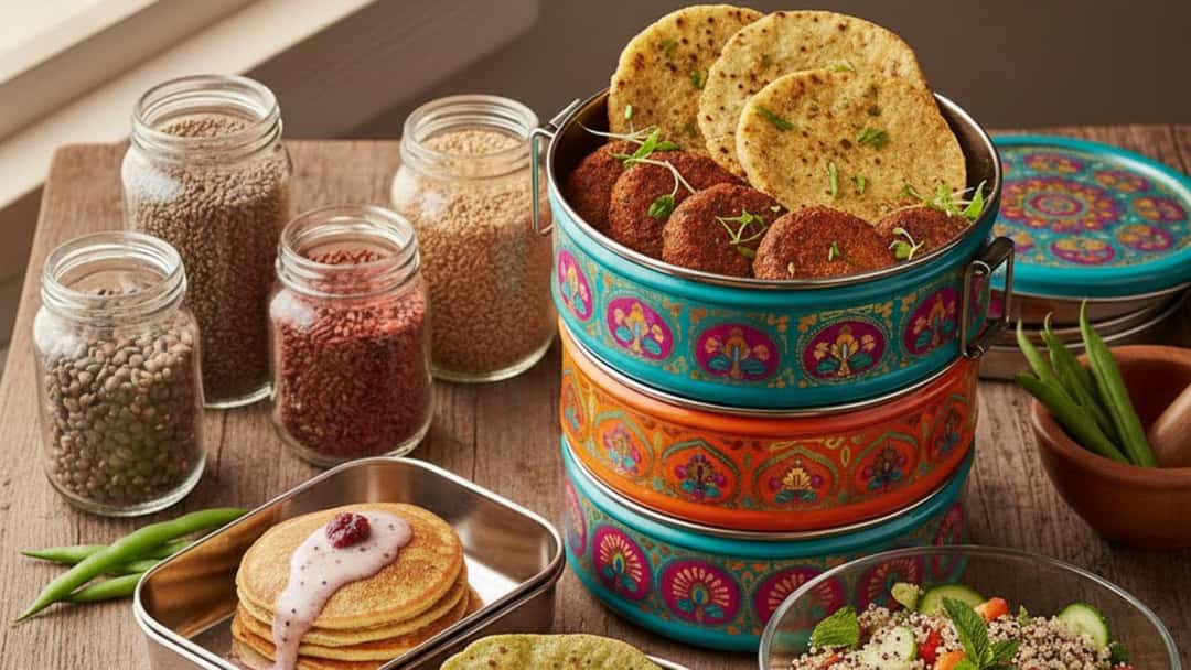 Vibrant indian tiffin box with jowar aloo parathas, bajra methi theplas and more.