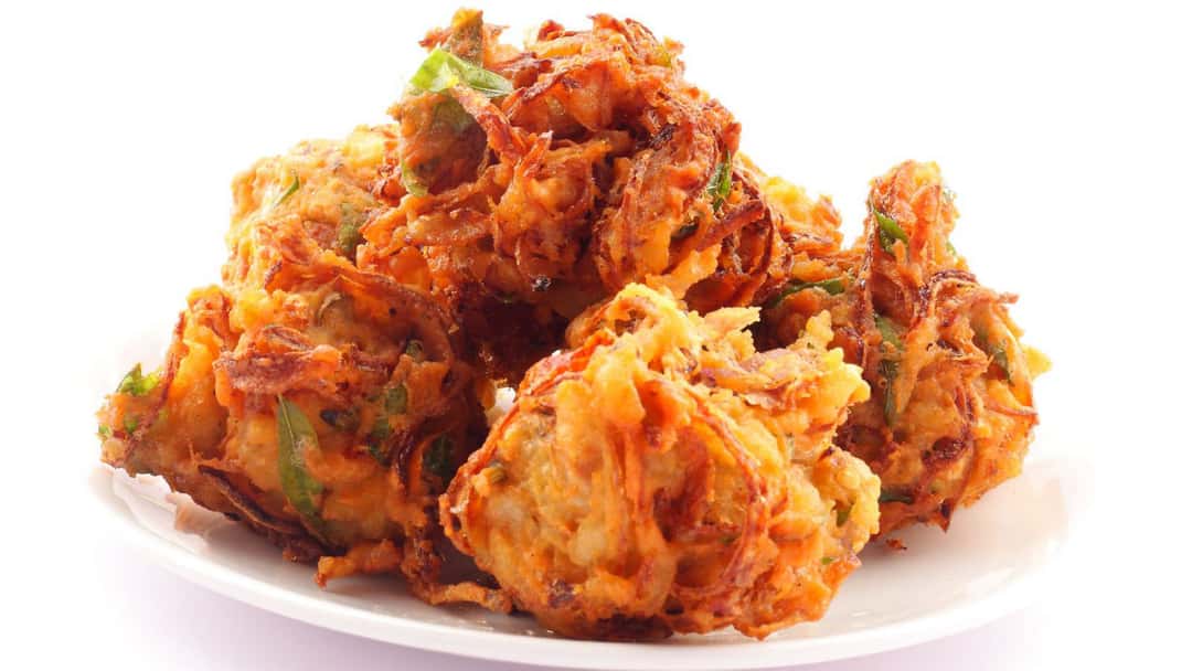 Onion bhaji towers on a plate