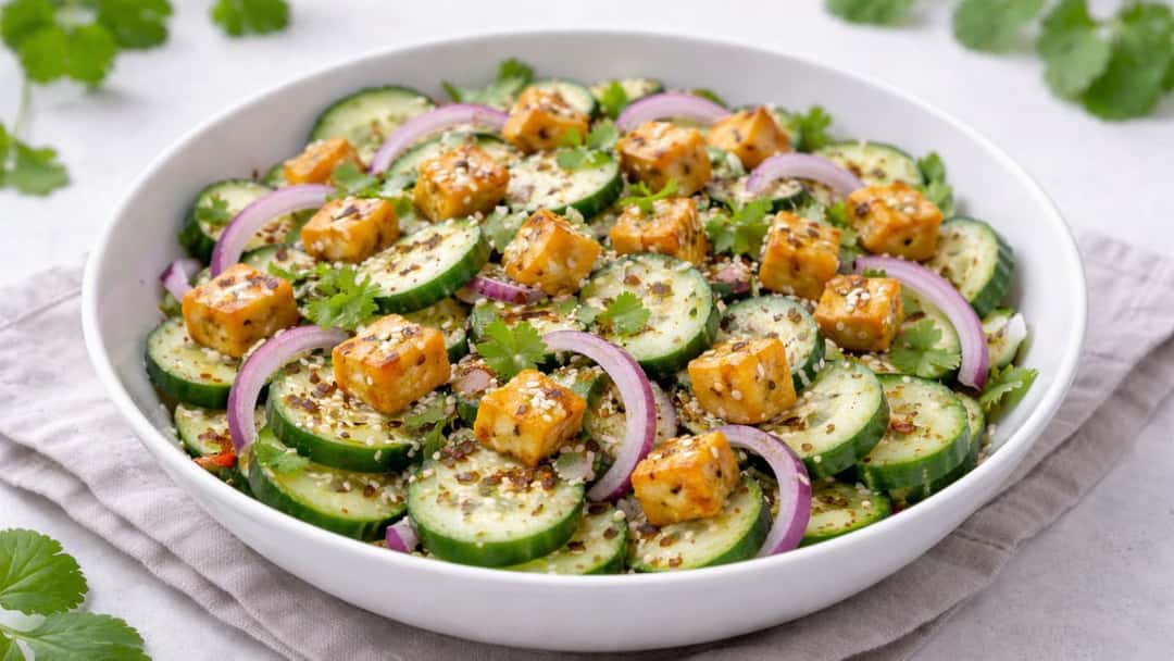 Paneer and cucumber salad in a large bowl