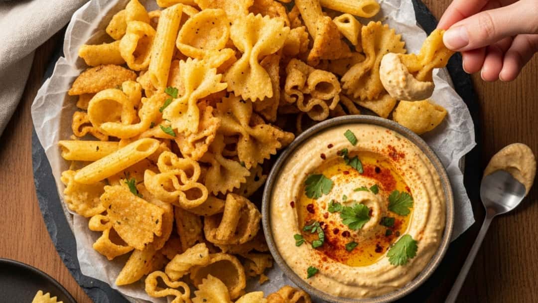 Baked pasta chips with spicy hummus dip