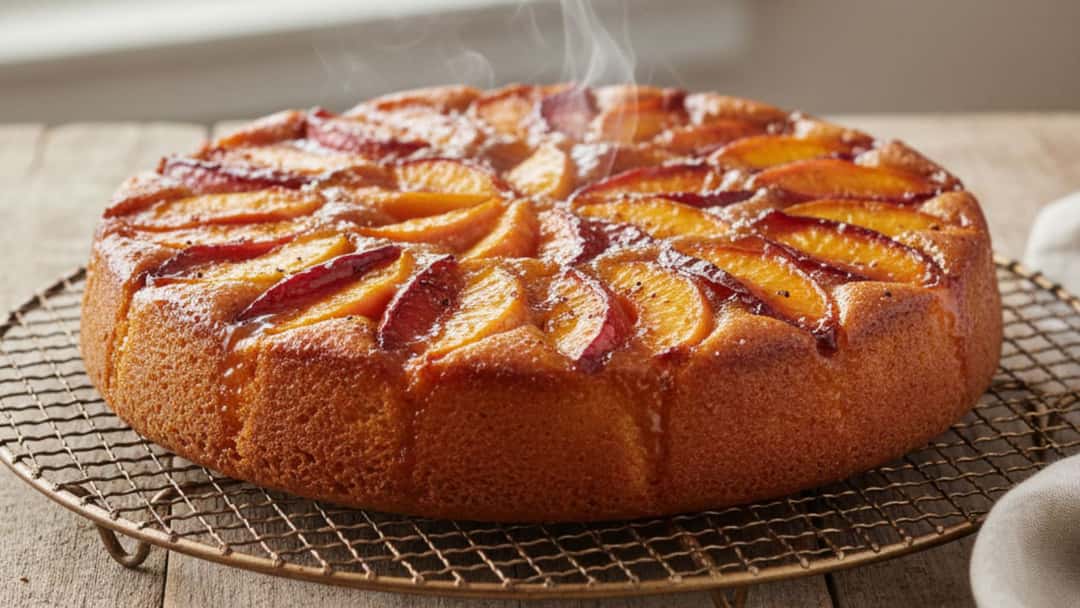 Upside-down peach cardamom cake