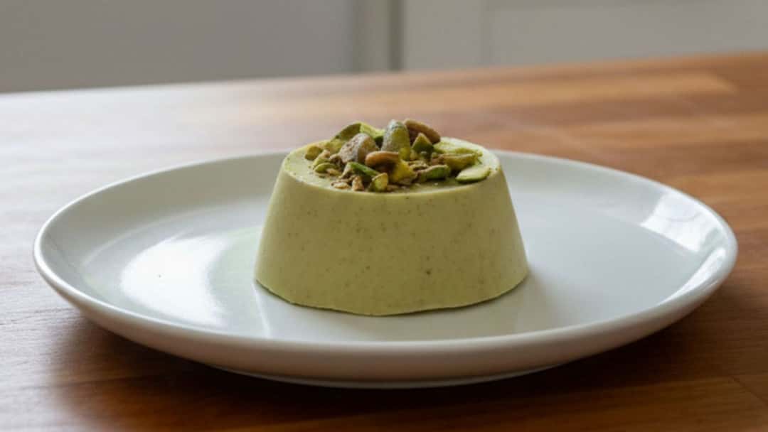 Pistachio frozen yoghurt cup on a plate. (banner image)