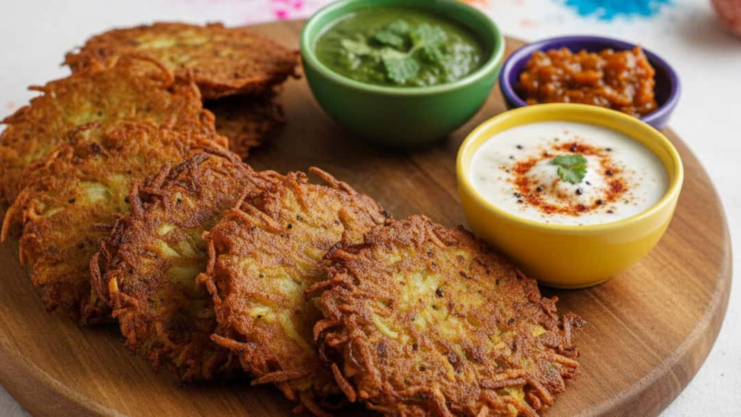 Crispy potato latkes stacked on a plate with yogurt and green chutney for Holi snacks