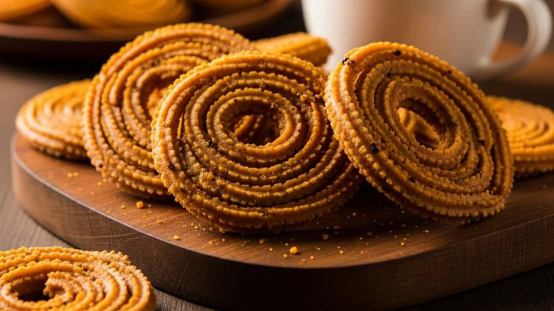 Golden brown ragi chaklis stacked on a plate