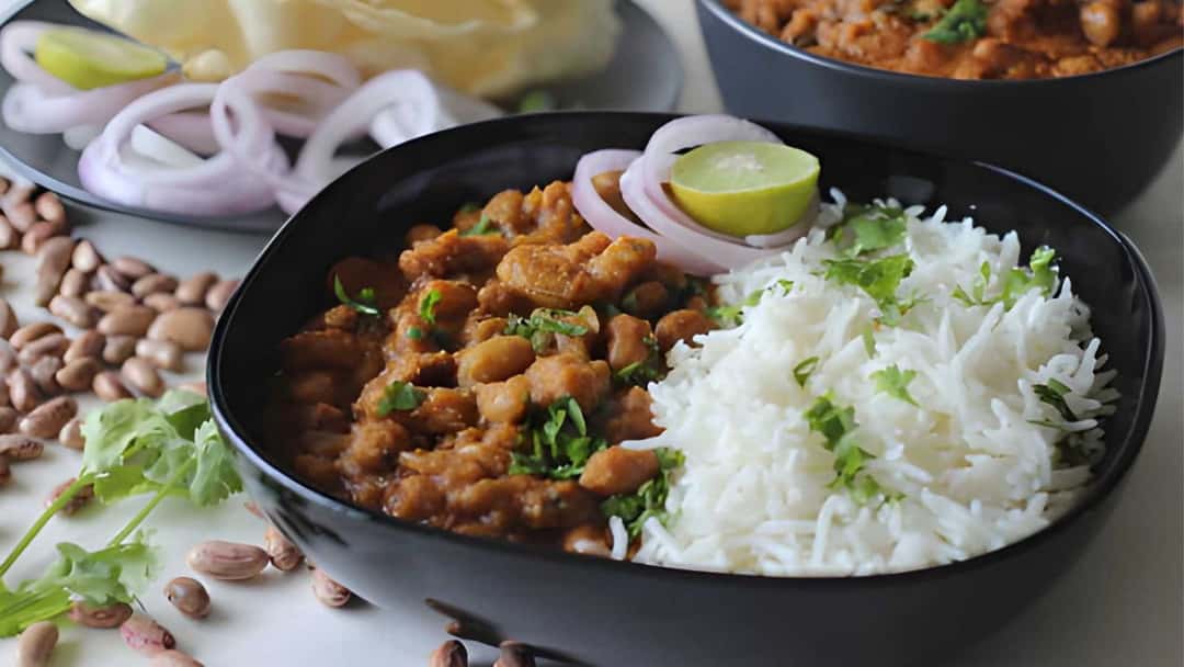 Rajma and steamed basmati rice in a wide bowl