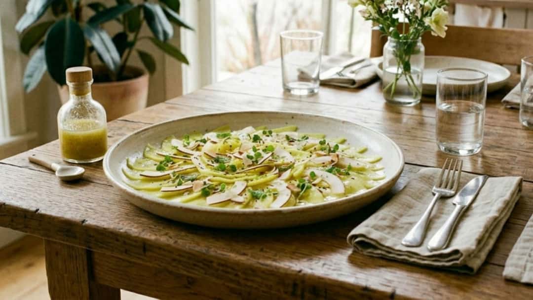 Top view of raw mango and coconut carpaccio on a plate. (banner image)