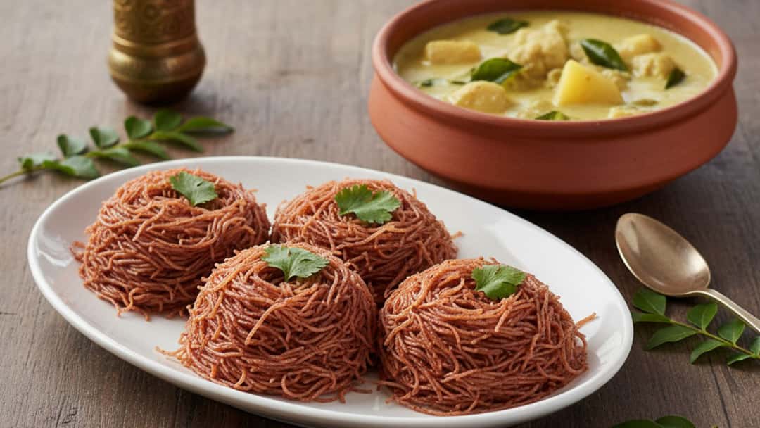 Top view of red rice idiyappam and coconut stew