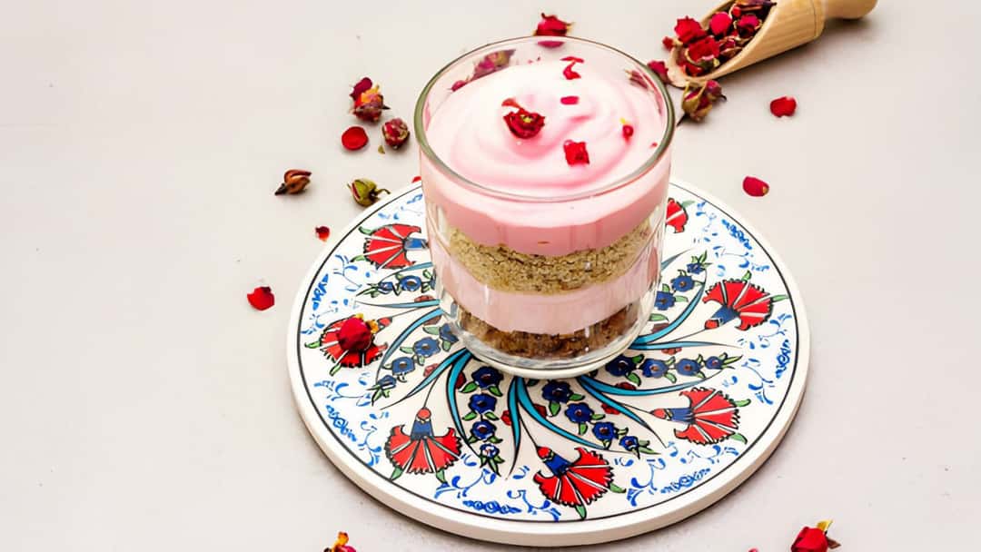 Top view of rose parfaits with two layers