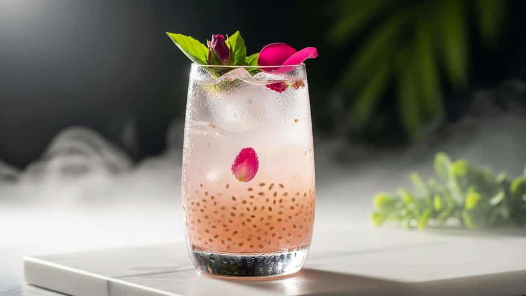 Chilled glass of sabja and rose coconut water