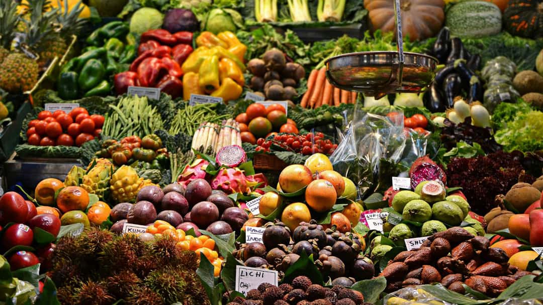 Seasonal fruits and vegetables.