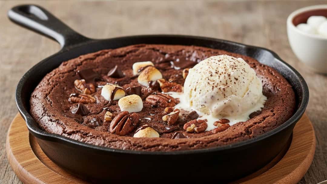 Gooey chocolate skillet brownie topped with ice cream