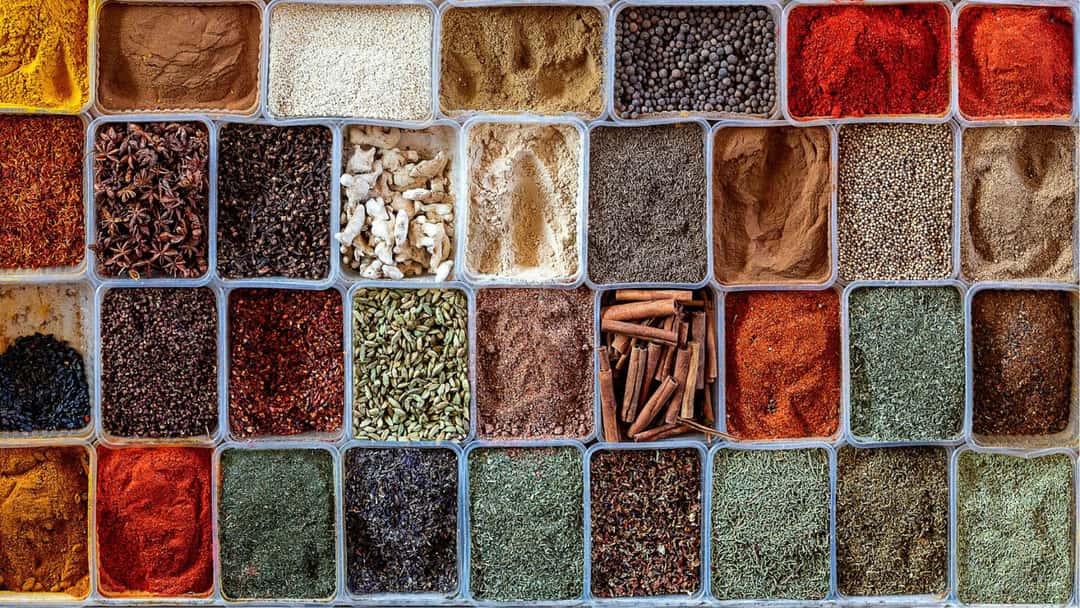 Spices arranged in boxes